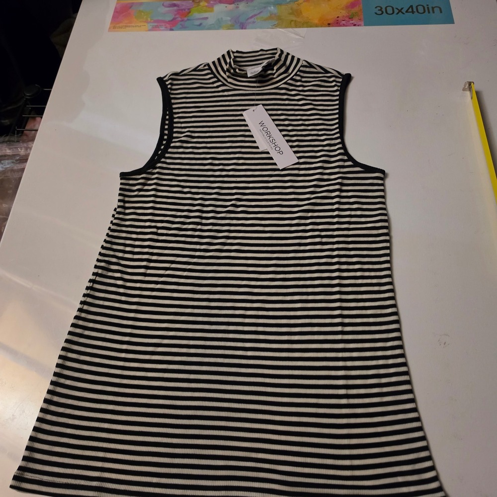 Topshop Republic Clothing Womens Black White Striped Mock Neck Ribbed Tank Top M